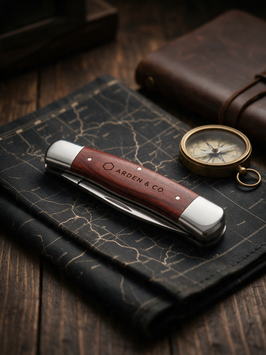 engraved rosewood pocket knife with a compass and map