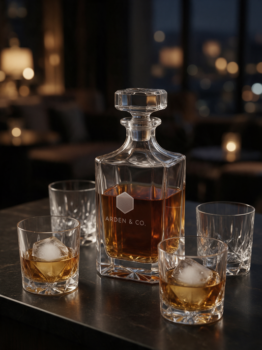 engraved decanter set with poured glasses
