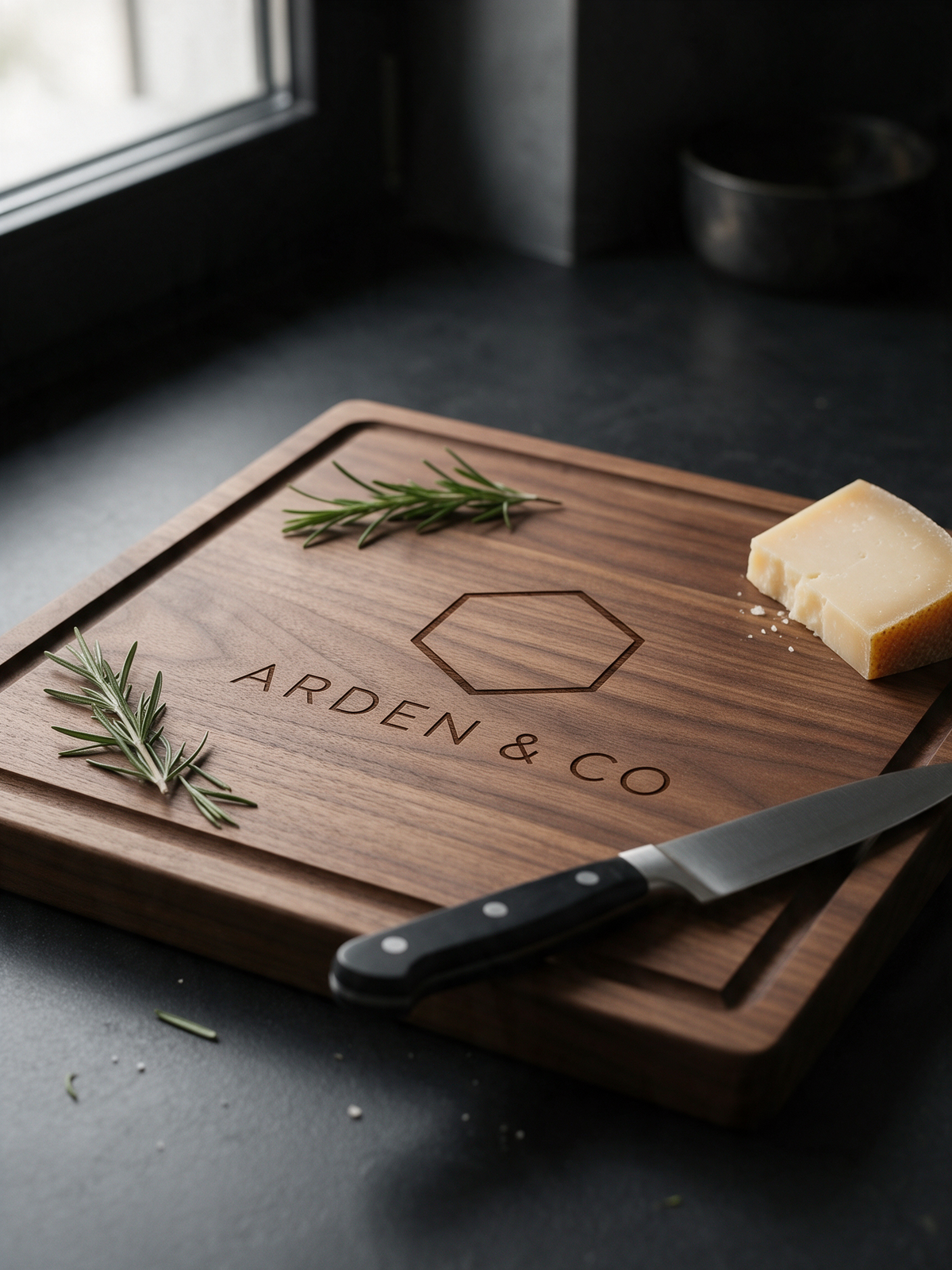 engraved walnut cutting board in a kitchen