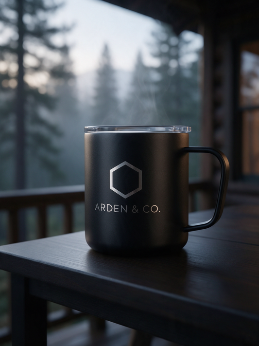 engraved camper mug with coffee on a cabin porch