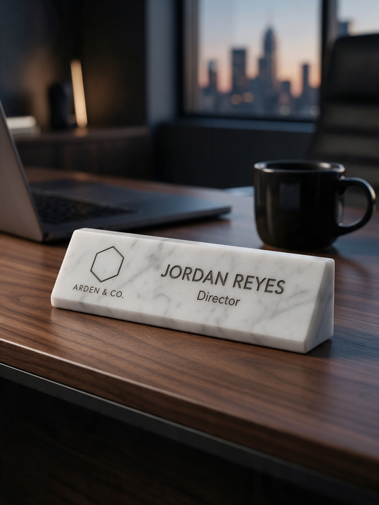 marble name plate on an office desk
