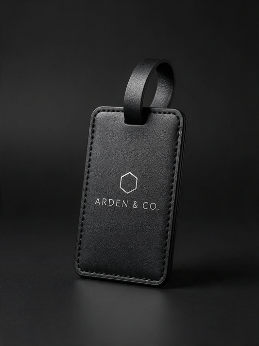 black leatherette luggage tag laser engraved with a logo