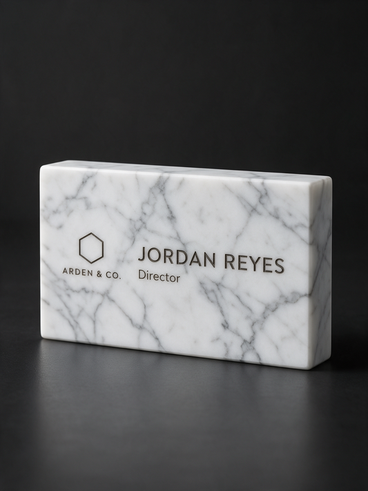 marble desk name plate laser engraved with a logo and name