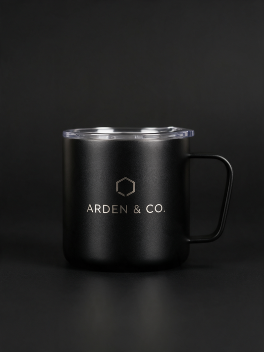 black 12oz camper mug laser engraved with a logo