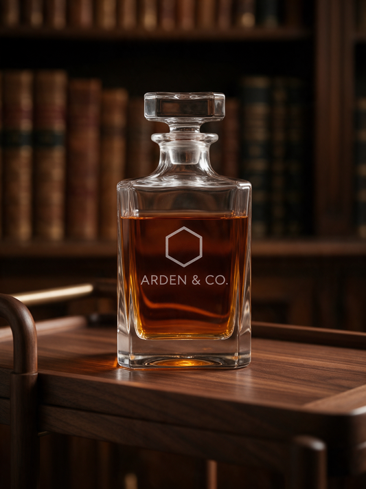 engraved whiskey decanter on a bar cart