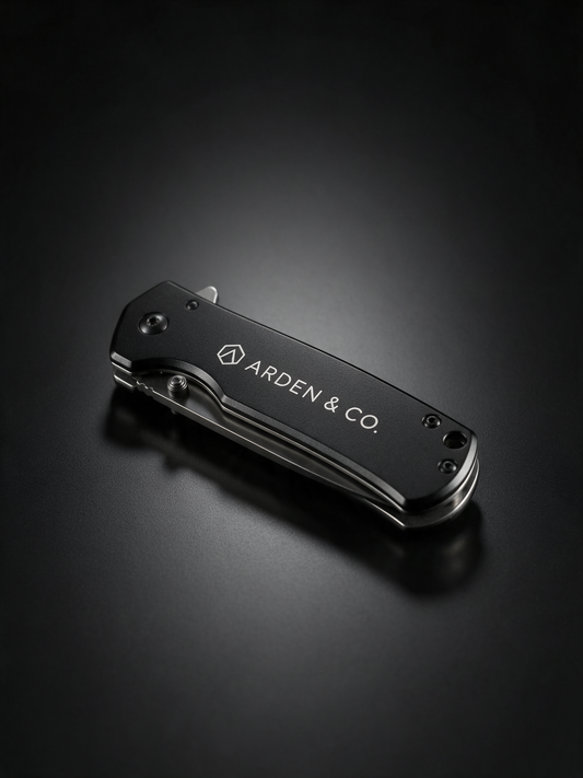 black aluminum pocket knife laser engraved with a logo