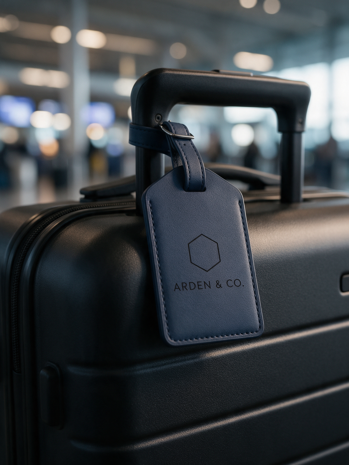 leatherette luggage tag on a carry-on suitcase