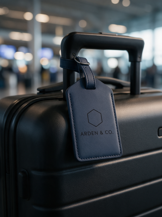 leatherette luggage tag on a carry-on suitcase