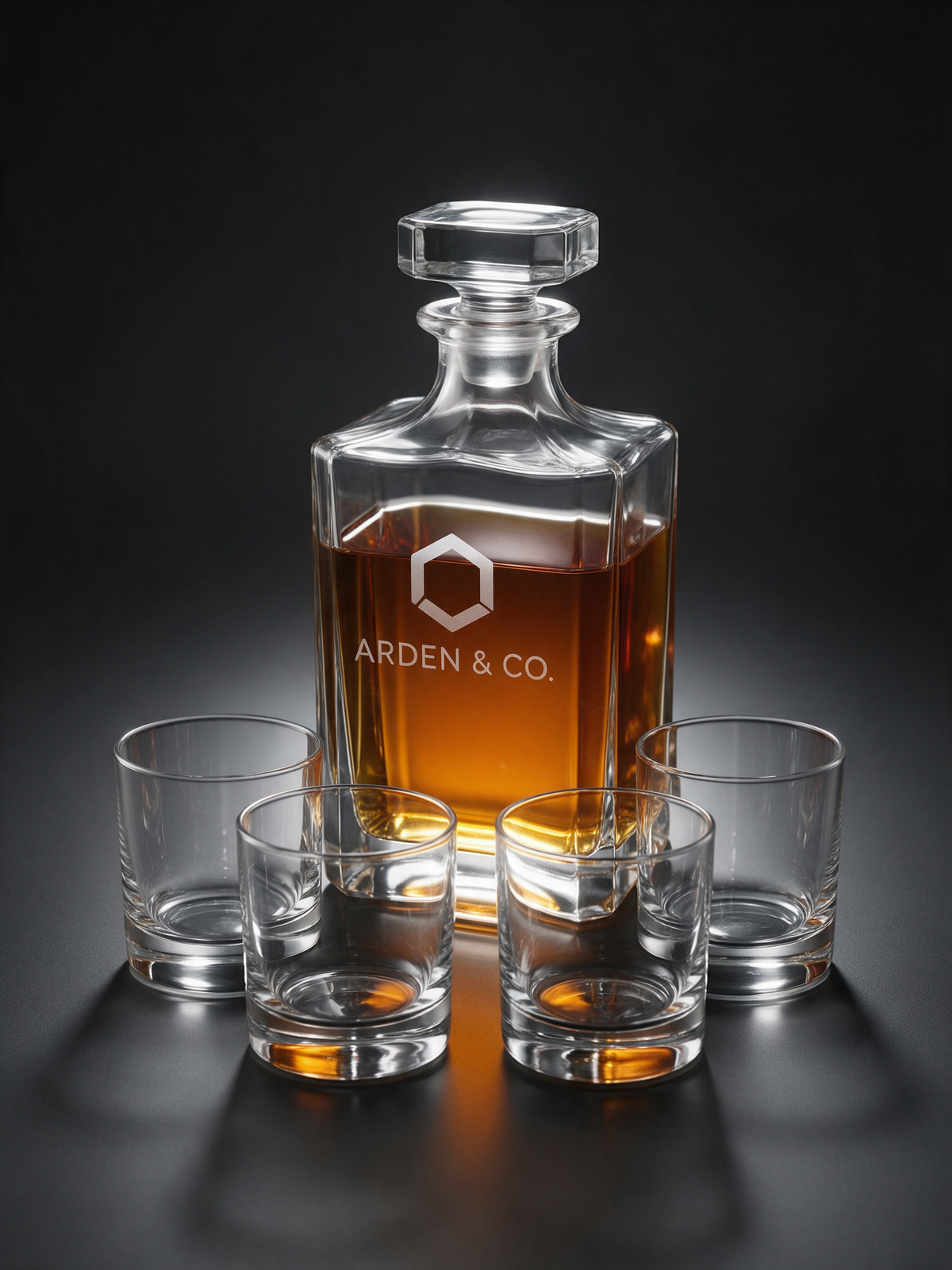 whiskey decanter set with four glasses laser engraved with a logo