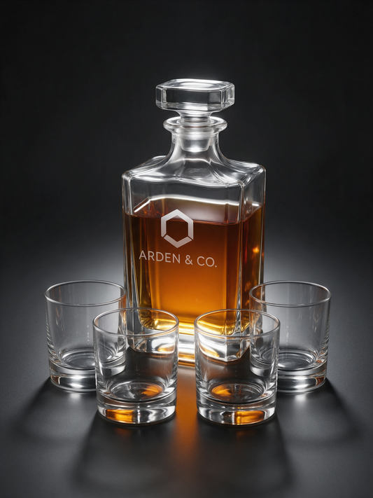 whiskey decanter set with four glasses laser engraved with a logo