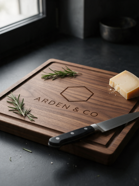 engraved walnut cutting board in a kitchen