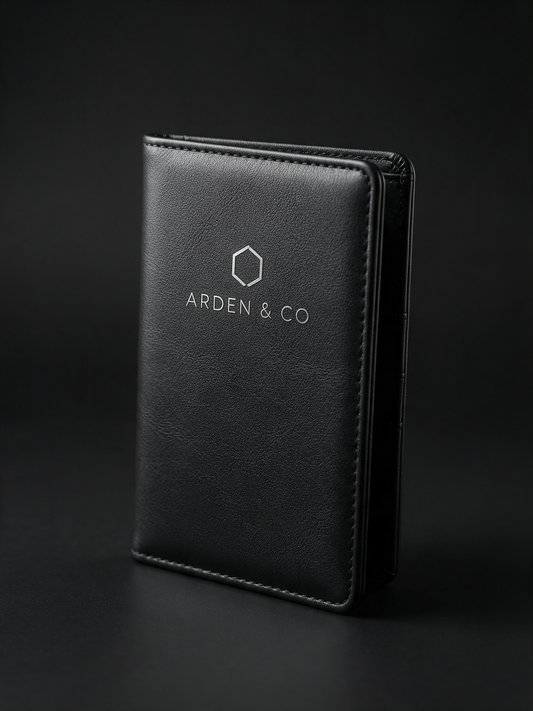 black leatherette passport wallet laser engraved with a logo