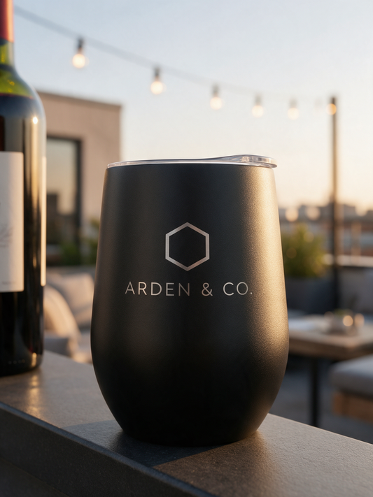 engraved wine tumbler on a rooftop terrace