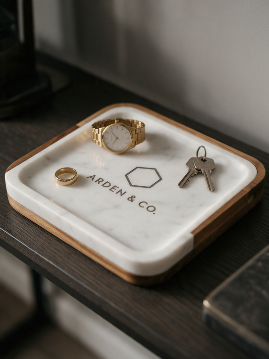 marble valet tray on an entryway console