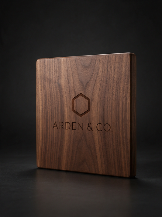 walnut wood cutting board laser engraved with a logo