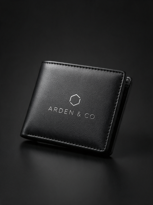 black leatherette bifold wallet laser engraved with a logo