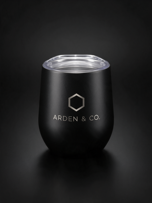 black 12oz wine tumbler laser engraved with a logo