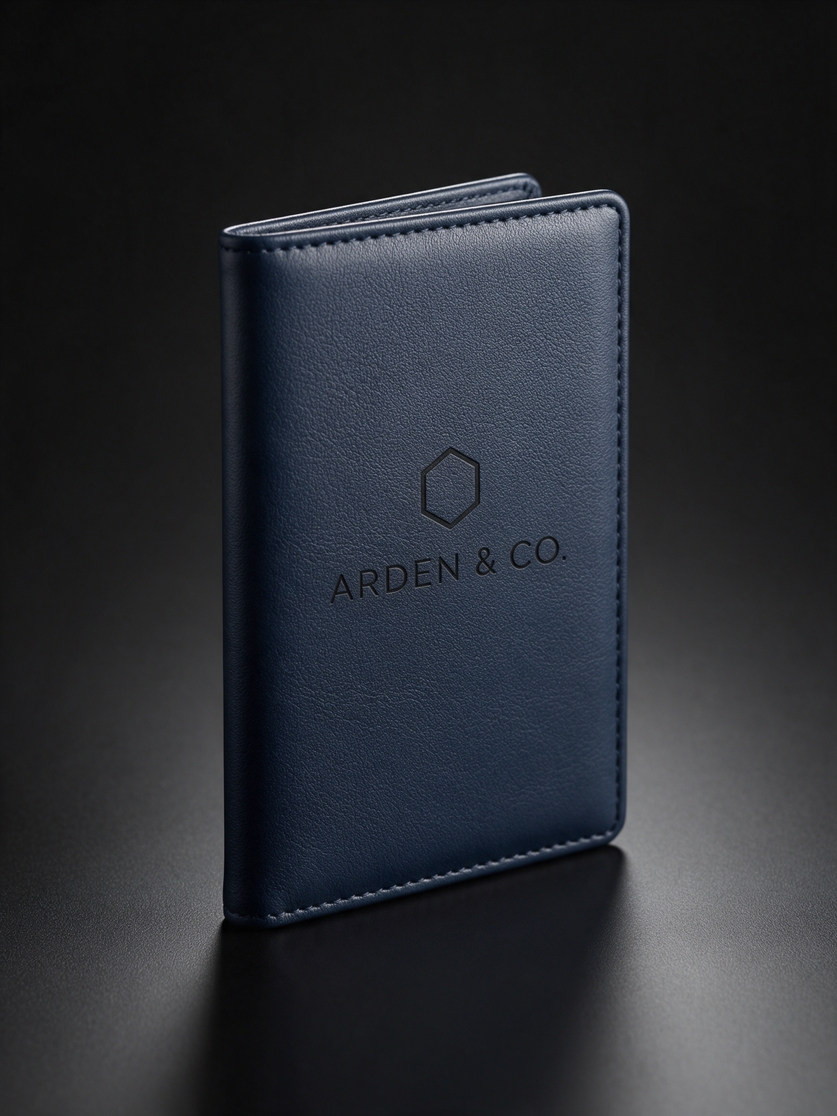 navy leatherette passport wallet laser engraved with a logo