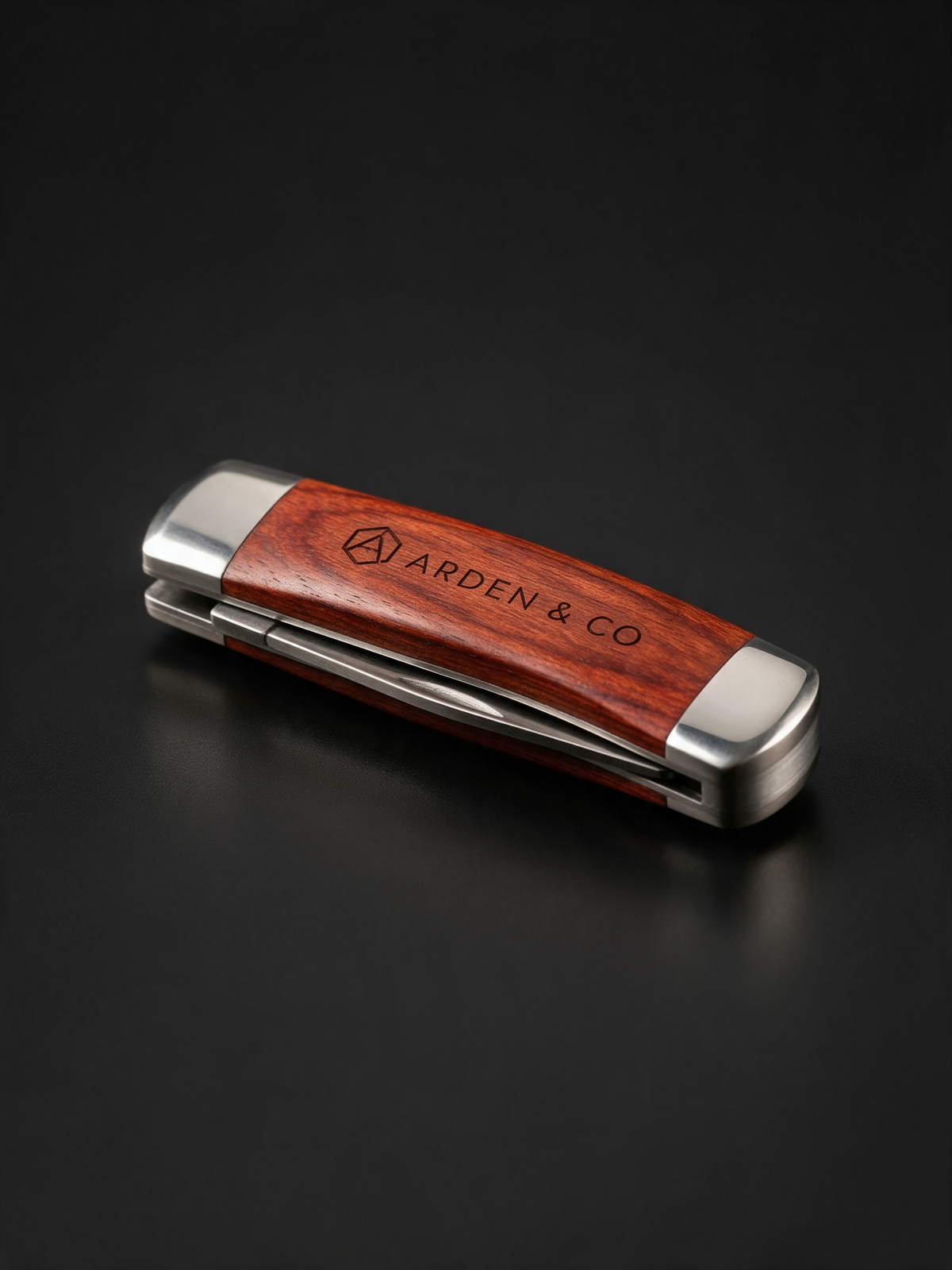 rosewood pocket knife laser engraved with a logo