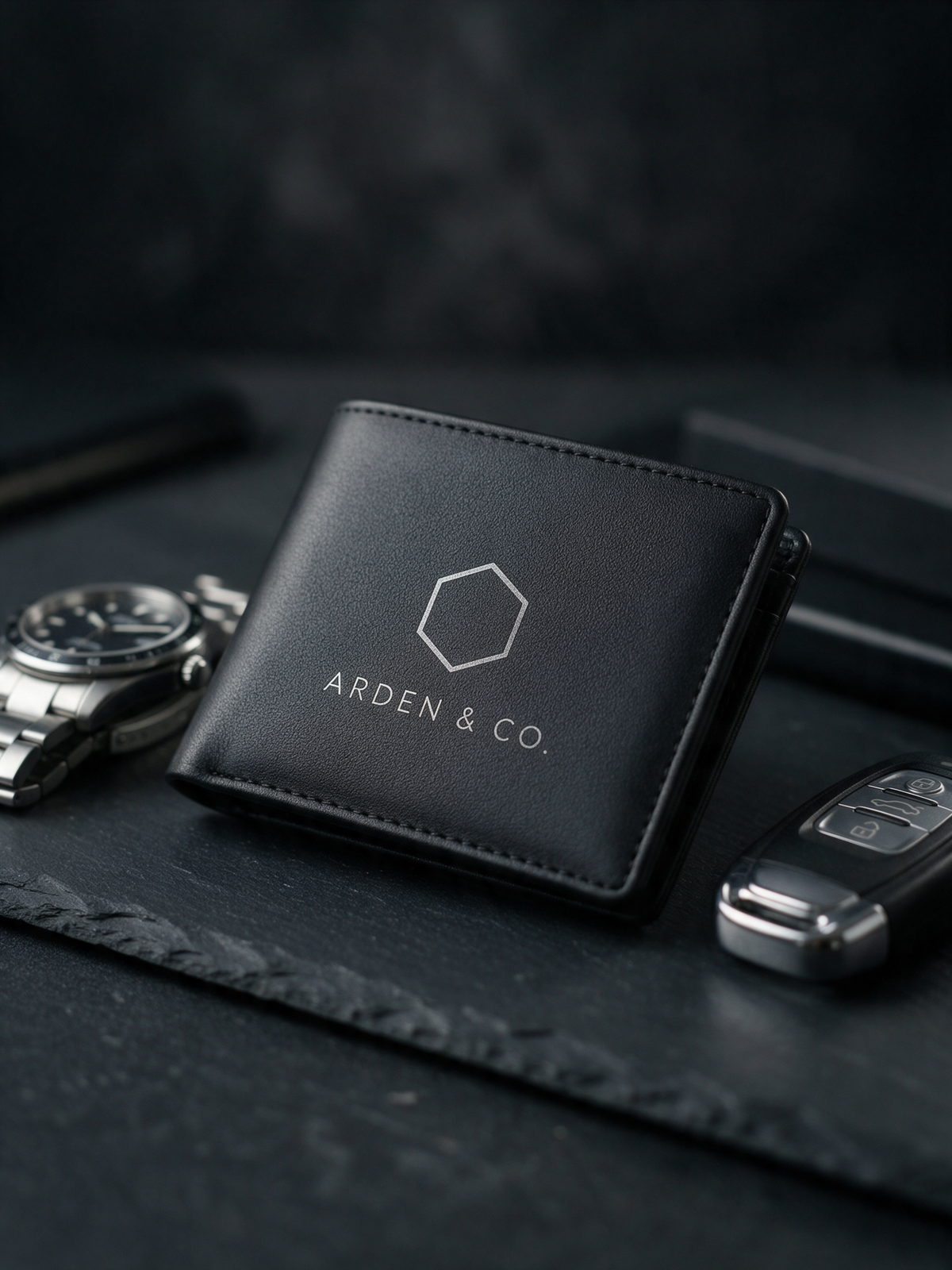leatherette wallet with a watch and keys