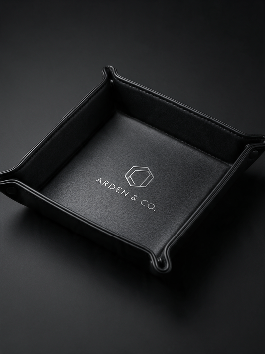 black leatherette valet tray laser engraved with a logo
