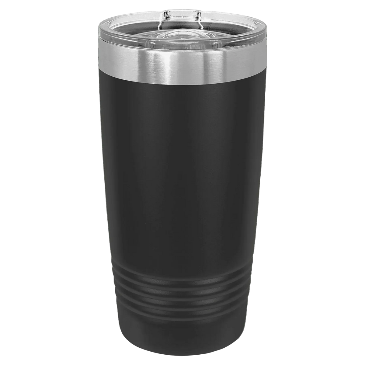 20oz black tumbler with a silver lid laser engraved