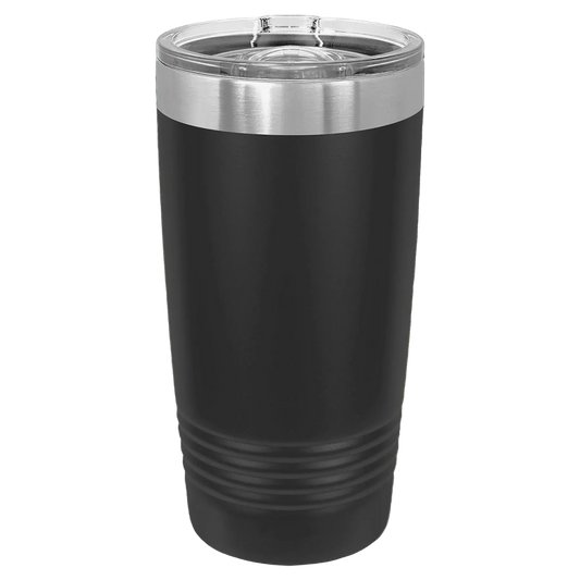 20oz black tumbler with a silver lid laser engraved