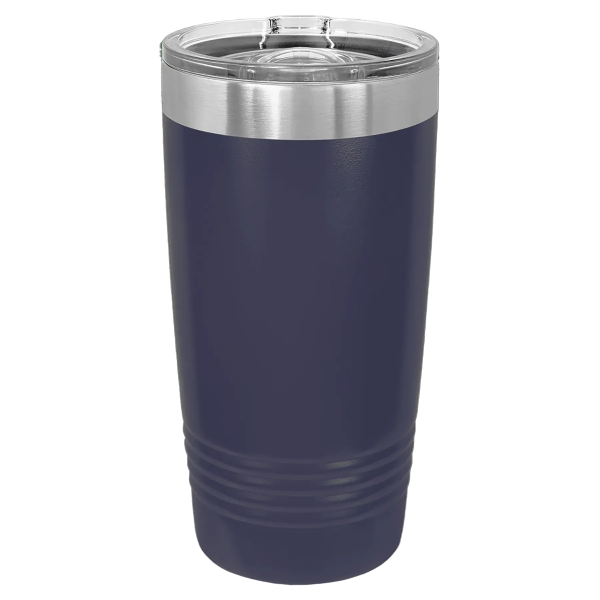 20oz navy blue tumbler with a silver lid laser engraved