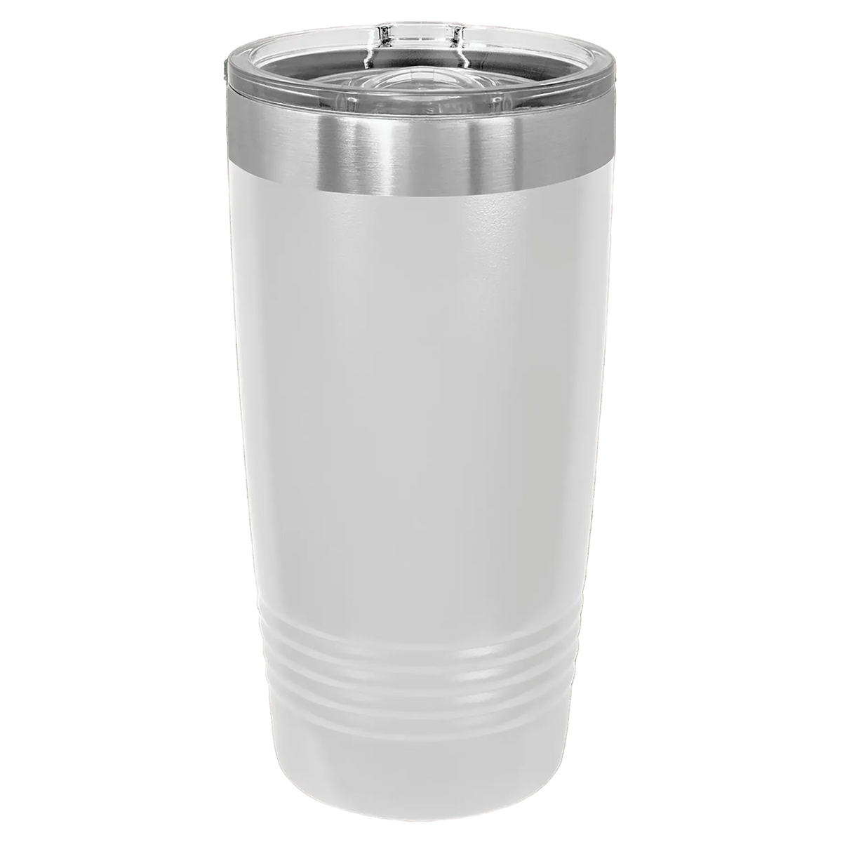 20 oz white tumbler with a silver lid laser engraved